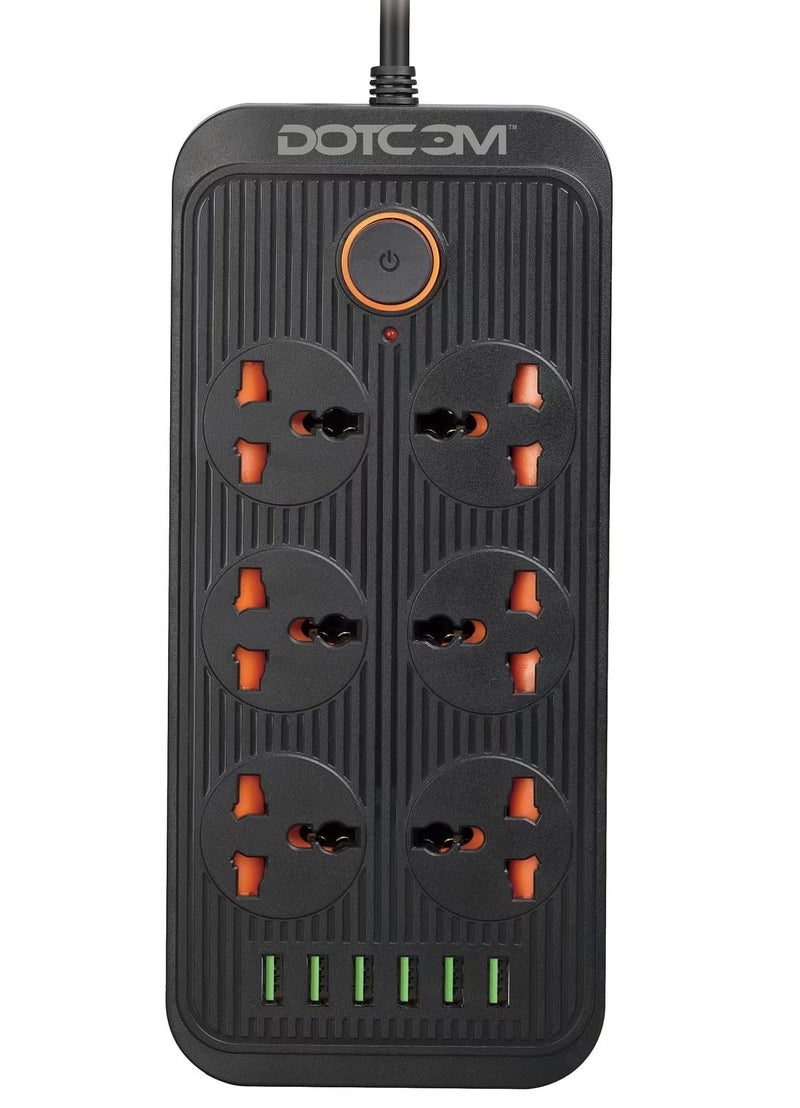 DOTCOM Power Plate 7 with 6 USB Port + 6 Power Sockets Smart Electric Universal Extension Board Multi Plug with 2500W, 2Mtr Cord Length, 2.1A USB Output(Black) - Image 1