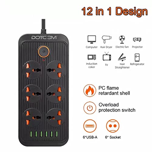 DOTCOM Power Plate 7 with 6 USB Port + 6 Power Sockets Smart Electric Universal Extension Board Multi Plug with 2500W, 2Mtr Cord Length, 2.1A USB Output(Black) - Image 5
