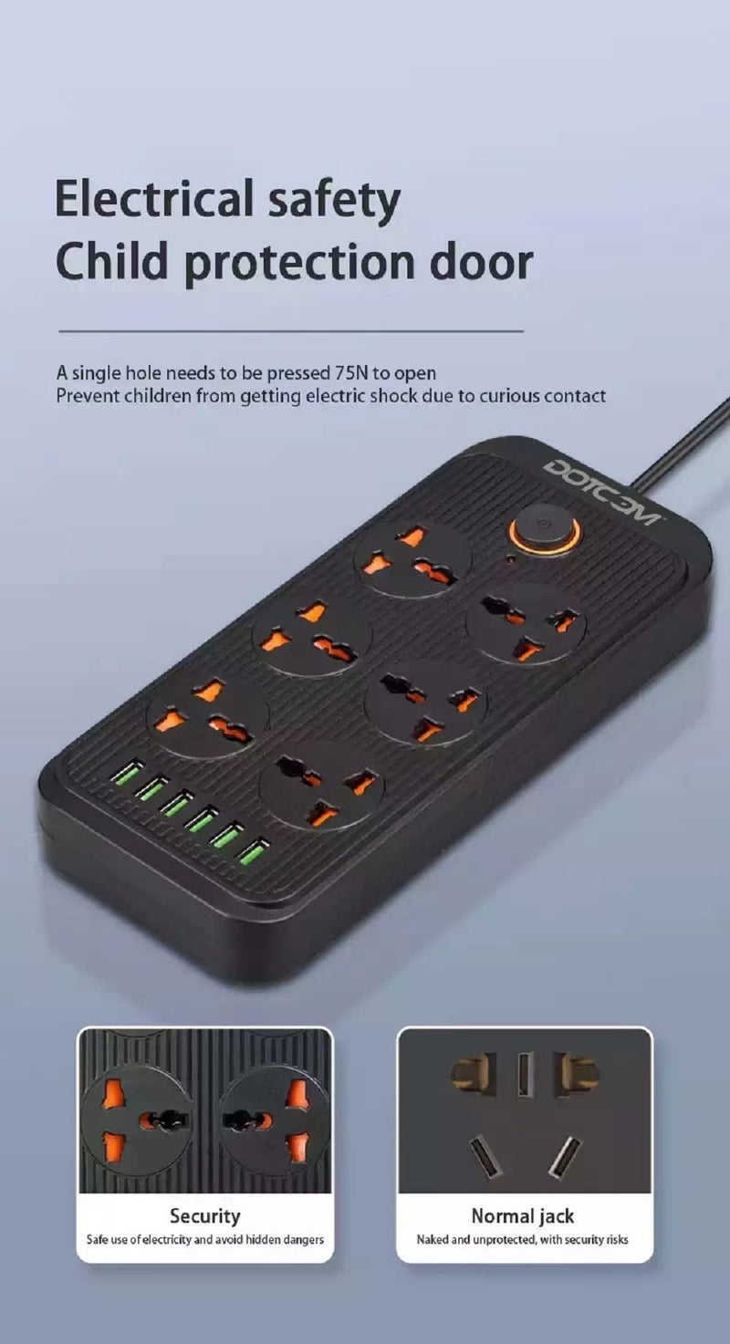 DOTCOM Power Plate 7 with 6 USB Port + 6 Power Sockets Smart Electric Universal Extension Board Multi Plug with 2500W, 2Mtr Cord Length, 2.1A USB Output(Black) - Image 2
