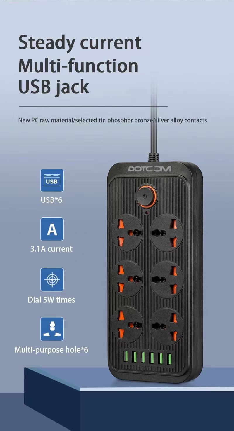 DOTCOM Power Plate 7 with 6 USB Port + 6 Power Sockets Smart Electric Universal Extension Board Multi Plug with 2500W, 2Mtr Cord Length, 2.1A USB Output(Black) - Image 3