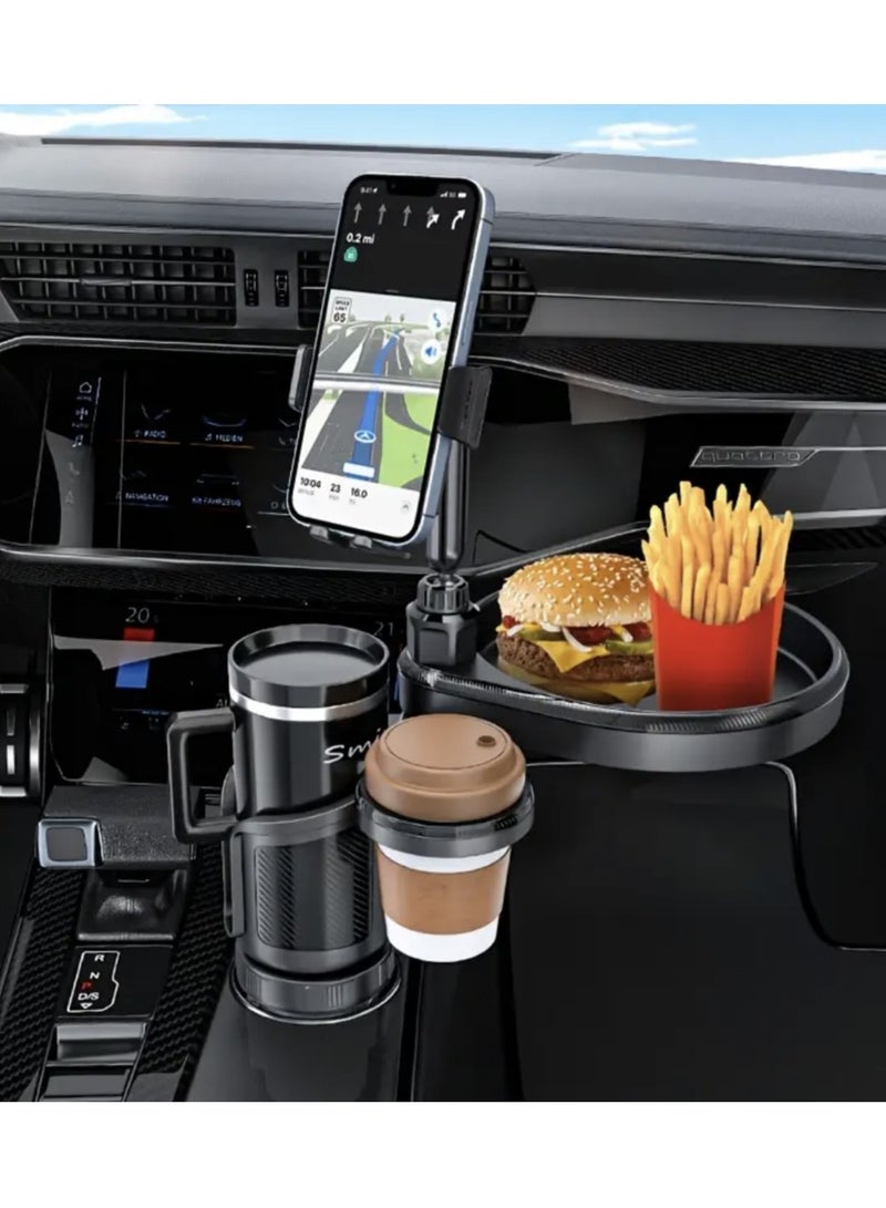 Car Cup Holder Tray, 4-in-1 Adjustable Food Table Tray, Car Cup Holder Expander with 360° Rotatable Phone Holder, Extra Beverage Cup Holder, 4 Expandable Bases for Stability, Road Trip Essentials - Image 1