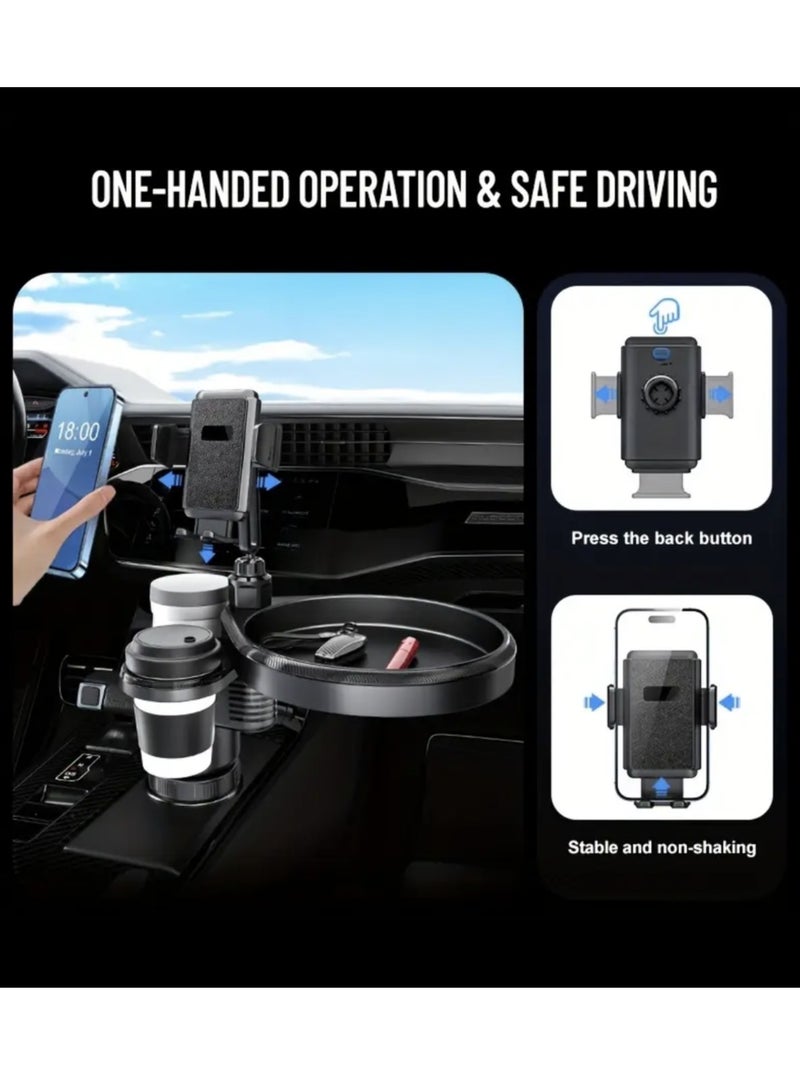 Car Cup Holder Tray, 4-in-1 Adjustable Food Table Tray, Car Cup Holder Expander with 360° Rotatable Phone Holder, Extra Beverage Cup Holder, 4 Expandable Bases for Stability, Road Trip Essentials - Image 2