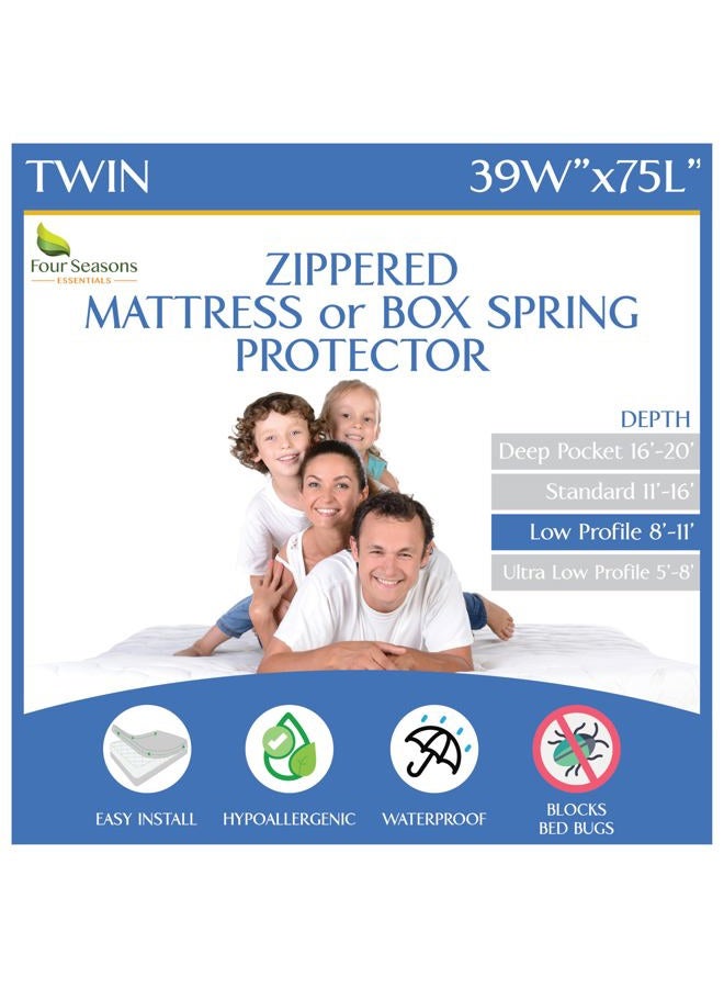 Four Seasons Essentials Twin Size Mattress or Box Spring Encasement (8"-11" Depth) Waterproof Zippered Protector Hypoallergenic Premium Single Size Bed Cover Protects from Dust White - Image 1