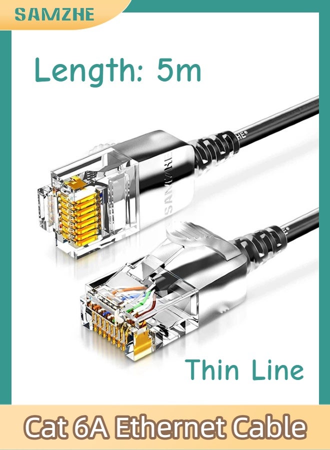 SAMZHE كابل إيثرنت فائق النحافة من نوع Cat6A بطول 5 أمتار، بسرعة 10 جيجابت في الثانية و500 ميجاهرتز، مصنوع من النحاس النقي، اجتاز اختبار فلوك، تصميم مرن ونحيف بسمك 2.8 مم، موصل RJ45 مطلي بالذهب مع غطاء واقٍ، كابل شبكة مضاد للتداخل لأجهزة الراوتر والمودم والكمبيوتر الشخصي وPS5 وXbox (أسود) - Image 1