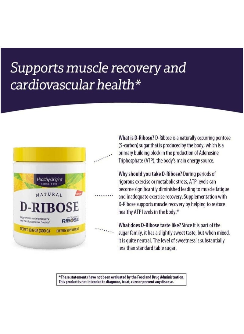 Healthy Origins - D-Ribose, Supports Muscle Recovery and Cardiovascular Health 300G, Dietary Supplement - 10.6 Oz - Image 1