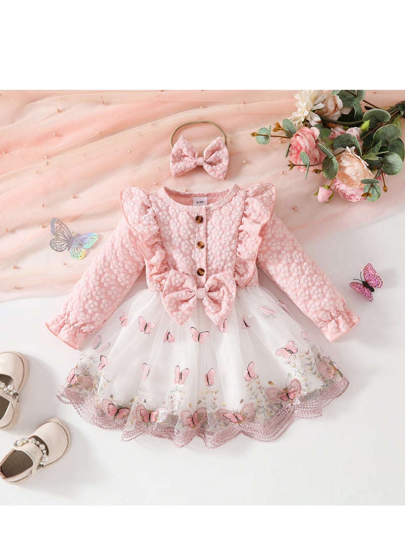 Baby Girl Birthday Party Dress, 12-18M, Baby Pink Elegant Floral Tulle Dress with Butterfly Bow, Special Occasion Toddler Outfit, Long Sleeve Princess Dress, 44cm Long - Image 1