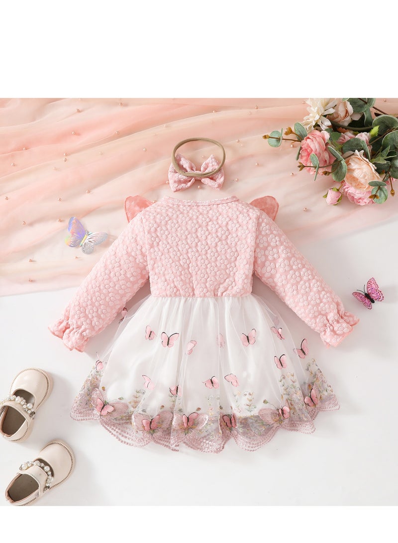 Baby Girl Birthday Party Dress, 12-18M, Baby Pink Elegant Floral Tulle Dress with Butterfly Bow, Special Occasion Toddler Outfit, Long Sleeve Princess Dress, 44cm Long - Image 2