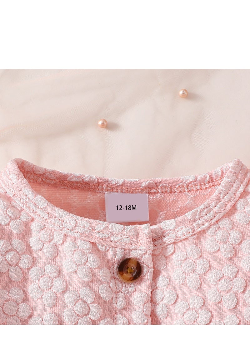 Baby Girl Birthday Party Dress, 12-18M, Baby Pink Elegant Floral Tulle Dress with Butterfly Bow, Special Occasion Toddler Outfit, Long Sleeve Princess Dress, 44cm Long - Image 3