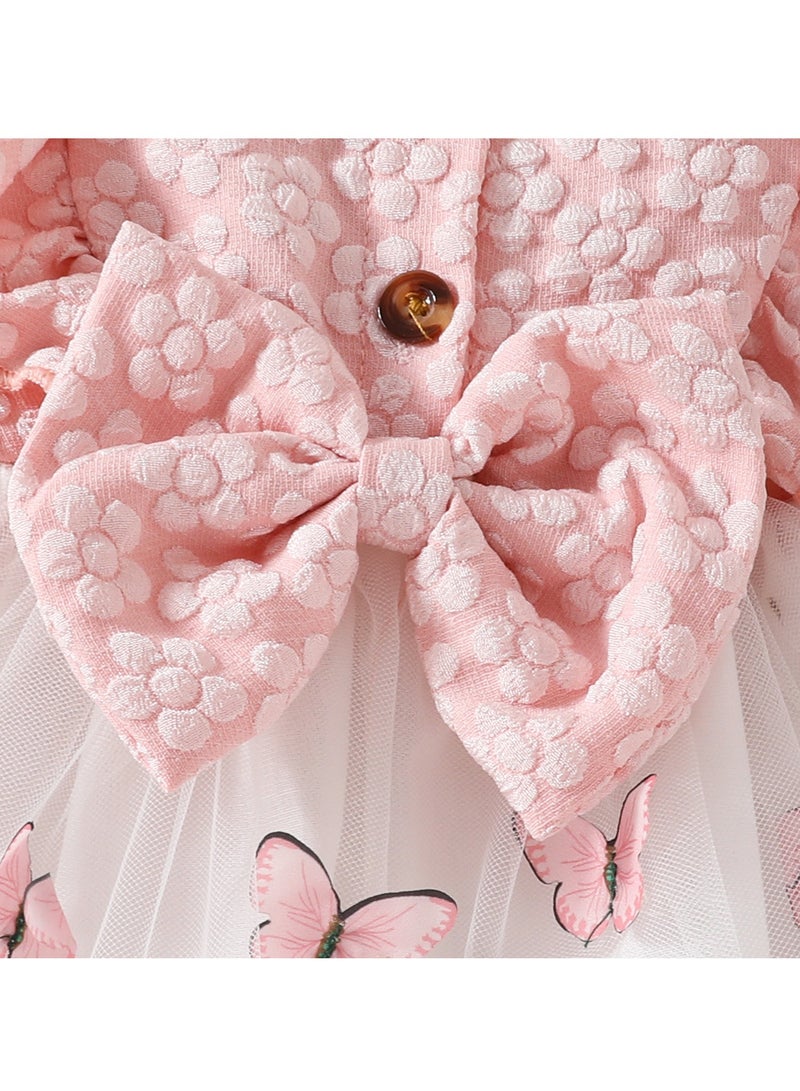 Baby Girl Birthday Party Dress, 12-18M, Baby Pink Elegant Floral Tulle Dress with Butterfly Bow, Special Occasion Toddler Outfit, Long Sleeve Princess Dress, 44cm Long - Image 4