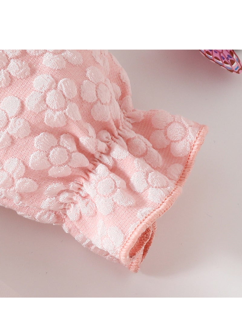 Baby Girl Birthday Party Dress, 12-18M, Baby Pink Elegant Floral Tulle Dress with Butterfly Bow, Special Occasion Toddler Outfit, Long Sleeve Princess Dress, 44cm Long - Image 5