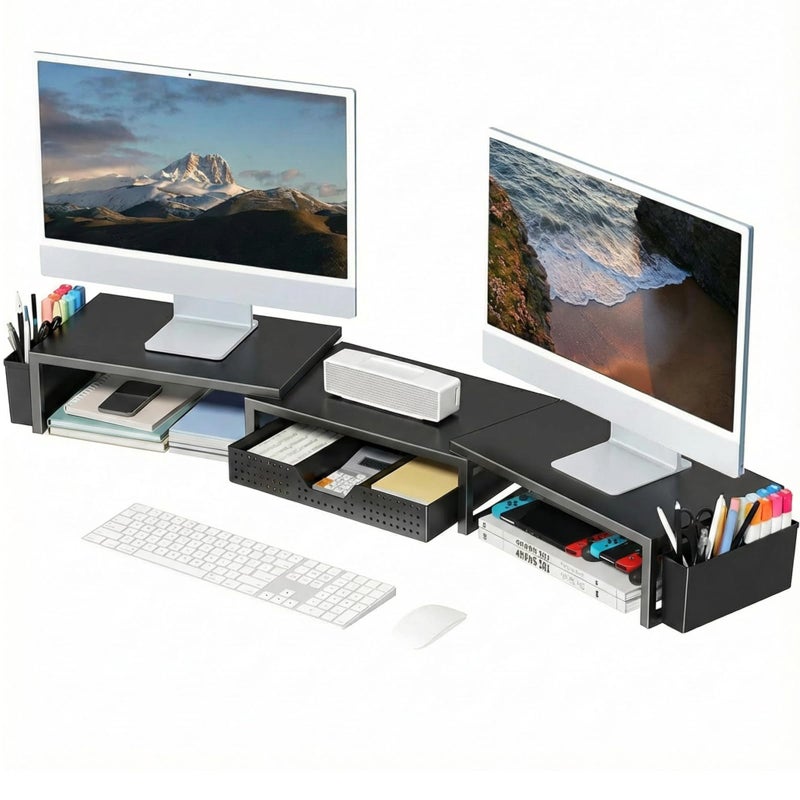 OPNICE Desk Organizers and Accessories, Dual Monitor Stand Riser with Drawer and 2 Pen Holders, Desk Shelf Metal Computer Racks for Office Workspace Organizers, Desktop Organization (Black) - Image 1