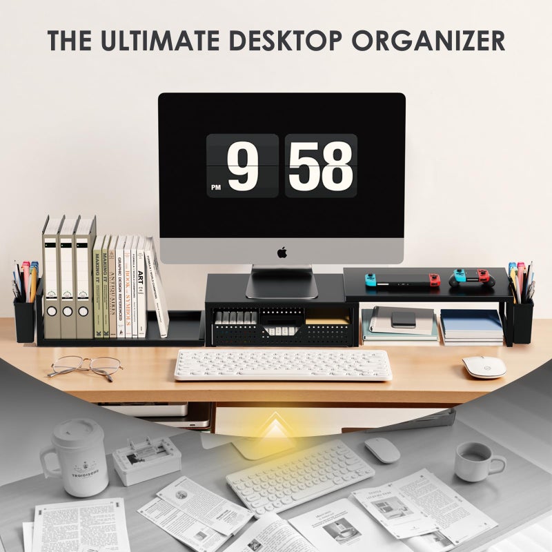 OPNICE Desk Organizers and Accessories, Dual Monitor Stand Riser with Drawer and 2 Pen Holders, Desk Shelf Metal Computer Racks for Office Workspace Organizers, Desktop Organization (Black) - Image 5