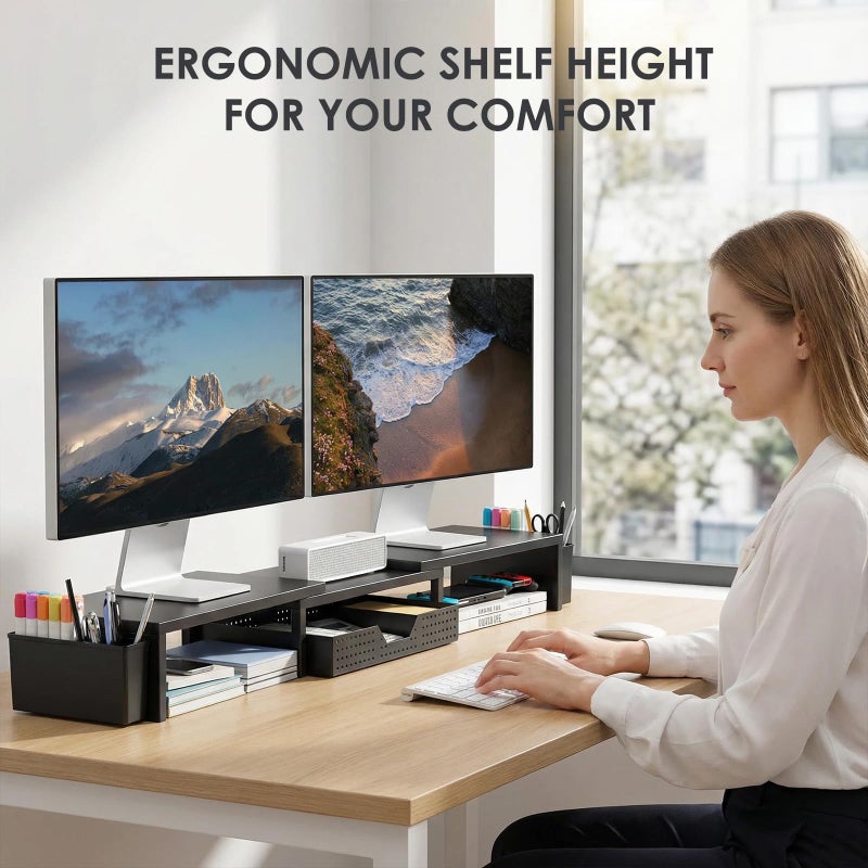 OPNICE Desk Organizers and Accessories, Dual Monitor Stand Riser with Drawer and 2 Pen Holders, Desk Shelf Metal Computer Racks for Office Workspace Organizers, Desktop Organization (Black) - Image 3