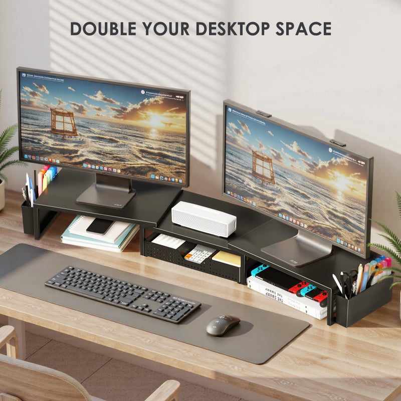 OPNICE Desk Organizers and Accessories, Dual Monitor Stand Riser with Drawer and 2 Pen Holders, Desk Shelf Metal Computer Racks for Office Workspace Organizers, Desktop Organization (Black) - Image 4