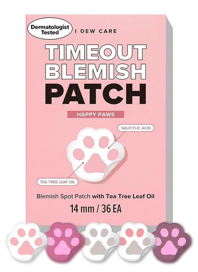أي ديو كير رقعة حب الشباب الغروانية المائية - Timeout Blemish Happy Paws | رقعة حب الشباب الكورية اللطيفة | رقعة حب الشباب للوجه والبشرة، 36 قطعة (14 مم)، ملصقات للوجه، تمتص بزيت أوراق شجرة الشاي  - Image 1