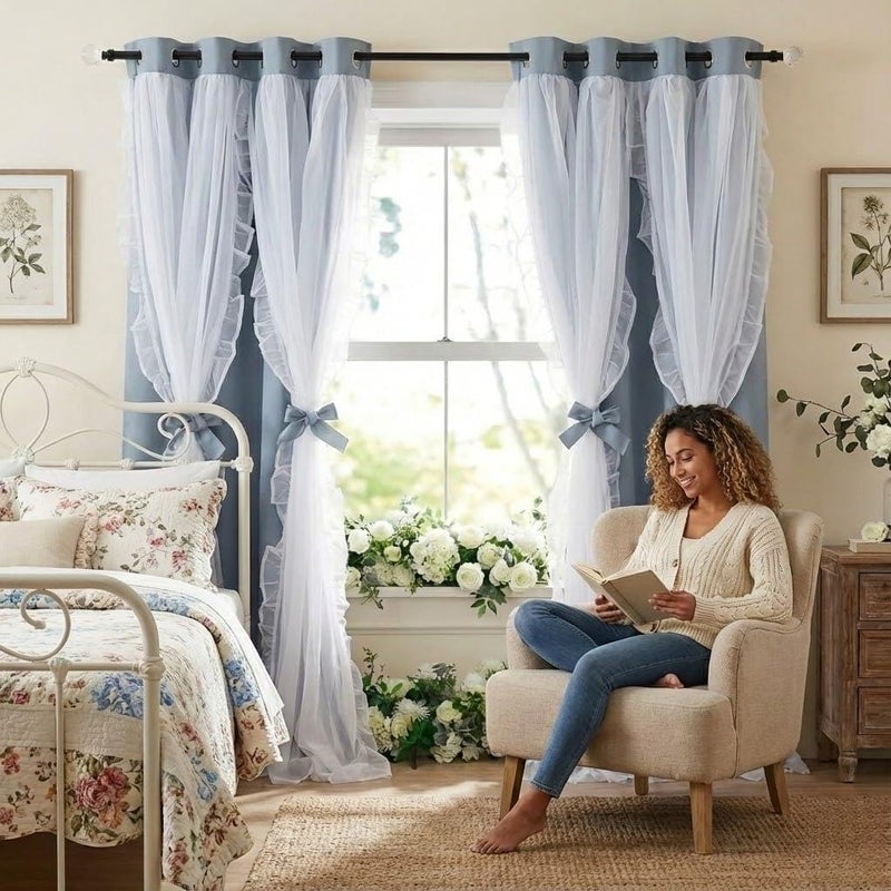 PONY DANCE Double Layer Curtains with Ruffle Sheer Overlay for Whimsical Forest TeenShabby Chic Room Darkening Drapes with Tiebacks 52 Wide x 84 Long Pigeon Blue 2 Panels