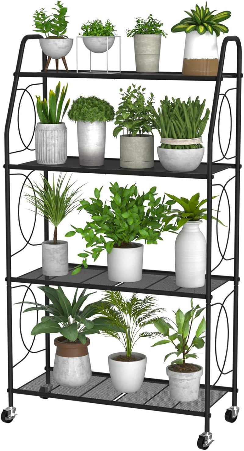 حامل نباتات VyGrow ذو 4 طبقات بعجلات، رف نباتات للاستخدام الداخلي والخارجي، حامل نباتات معدني ثقيل طويل لغرفة المعيشة والشرفة والحديقة، أسود - Image 1