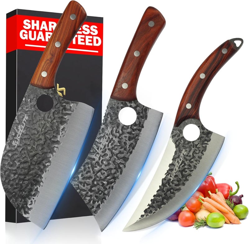 SliceElite 3PCS Hand-Forged Professional Butcher Knife Set: Cleaver, Sharp Viking, & Boning, Knives for meat cutting | Chef Set with Gift Box meat cutting knife Perfect BBQ Gift for Men - Image 1