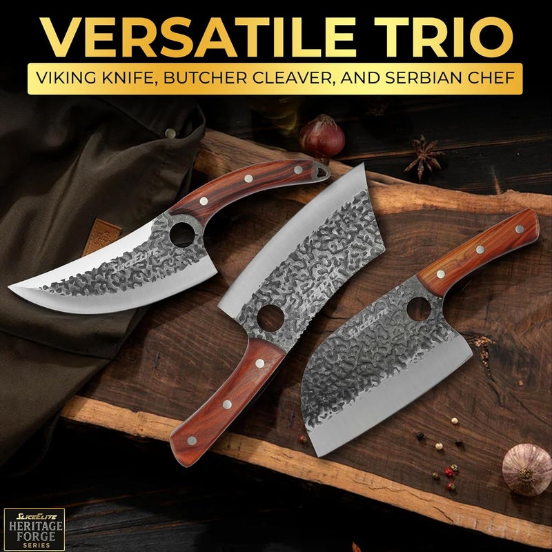 SliceElite 3PCS Hand-Forged Professional Butcher Knife Set: Cleaver, Sharp Viking, & Boning, Knives for meat cutting | Chef Set with Gift Box meat cutting knife Perfect BBQ Gift for Men - Image 4