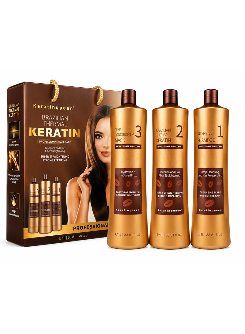Keratine Queen Brazilian Thermal Keratin Treatment 3-in-1 Kit – Professional Hair Straightening, Frizz Control & Deep Repair System - Image 1