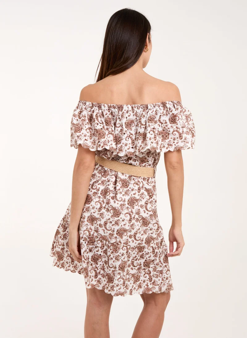 Blue Vanilla Bardot Broderie Mini Belted Dress