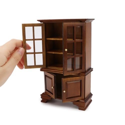 Cutemini Dollhouse Furniture Cabinet 112 Scale Miniature Kitchen Accessories Wooden Cupboard Bookcase Display Shelf for Living Room Decoration Brown - Image 1
