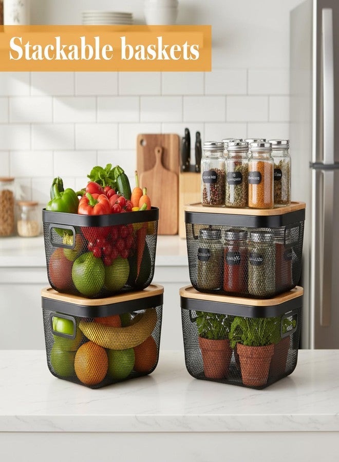 Maxdot 4 Pack Metal Mesh Steel Basket with Bamboo Lids Stackable Baskets Metal Mesh Basket with Handles Wire Storage Bin for Pantry Bathroom Kitchen Cabinets Shelves - Image 4