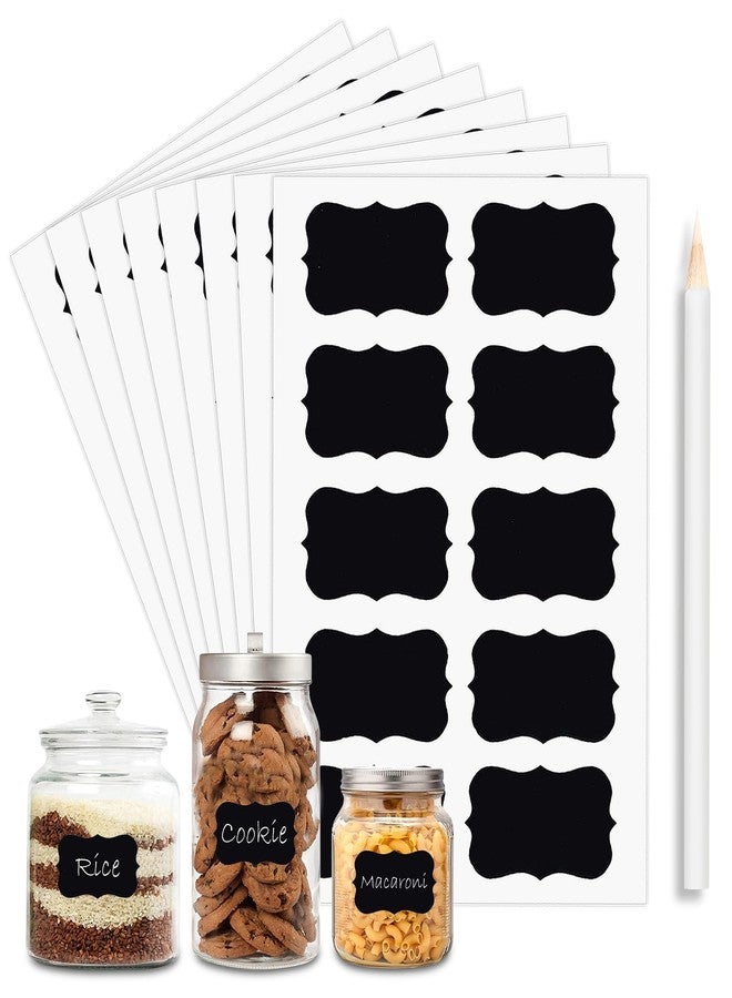 GLUN 100 Piece Waterproof Vinyl Black Labels Stickers for Mason Jar Glass & Plastic Bottles, 100 Labels Piece Stickers with 1 Piece White Pencil, Self-Adhesive Spice - Image 1