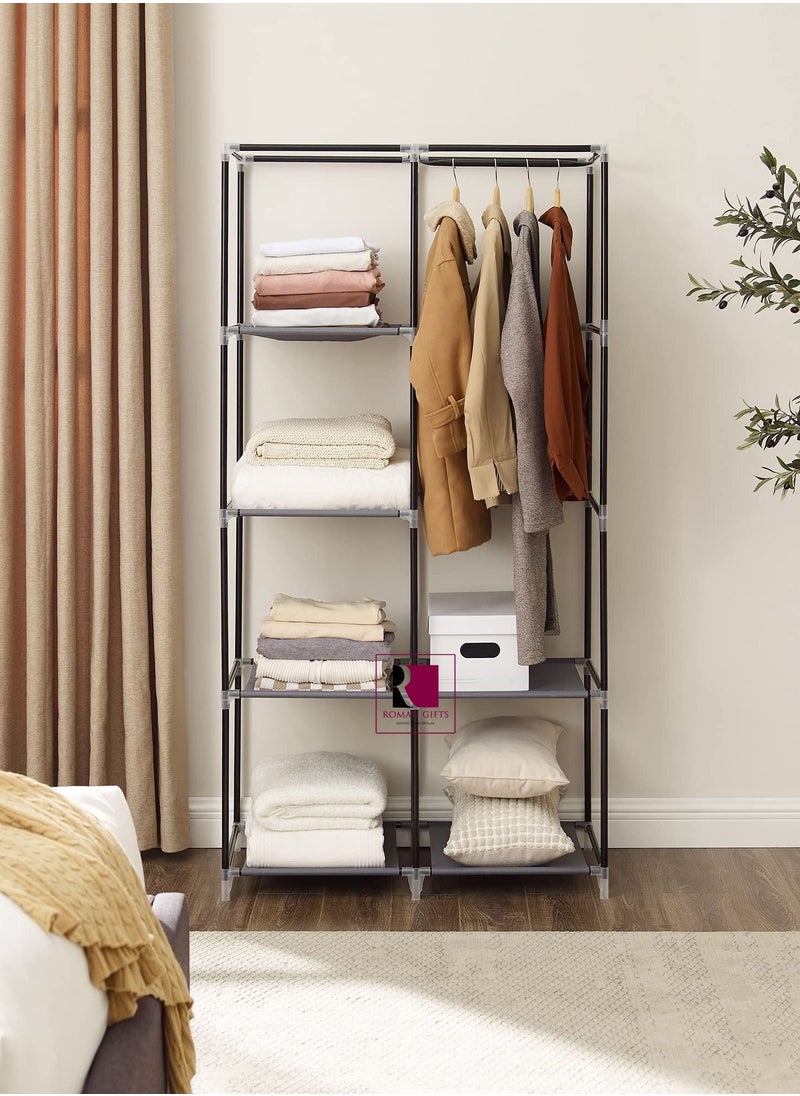 Roman Gifts Double Canvas Wardrobe Cupboard Clothes Hanging Rail Storage Shelves Grey  - Image 5