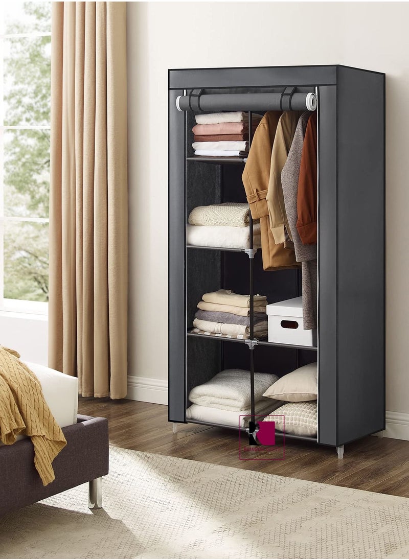Roman Gifts Double Canvas Wardrobe Cupboard Clothes Hanging Rail Storage Shelves Grey  - Image 1