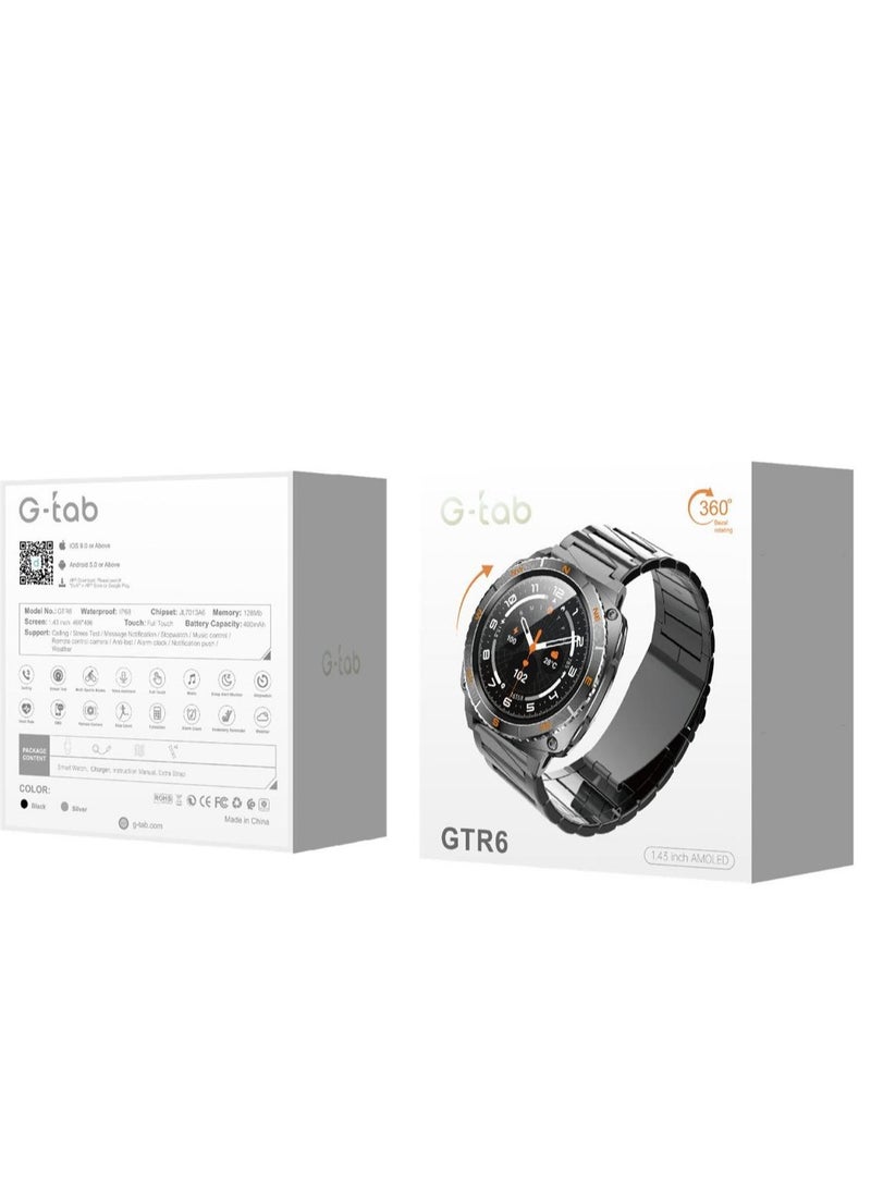 G-Tab "G-TAB GTR6 Smartwatch – 1.43'' AMOLED Round Display, Bluetooth Calling, Multi-Sport Modes, Fitness & Health Tracker, Waterproof Smart Watch for Men & Women"