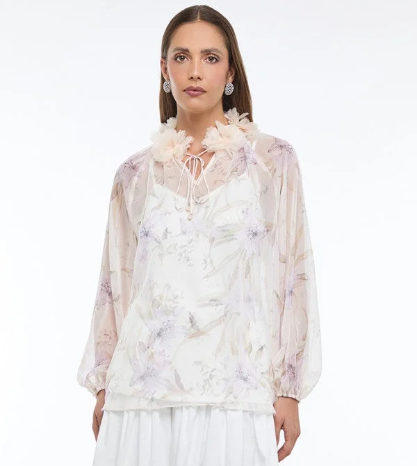 بي سي بي جي BCBG WOVEN BLOUSE WITH 3D FLOWERS AT NECK