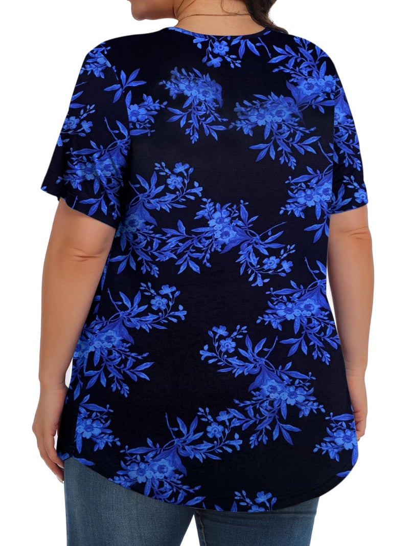 Tencede Womens Plus Size Tops Tunic Short Sleeve Crew Neck Shirts Casual Soft Blouse Black Blue Leaves 3X - Image 4