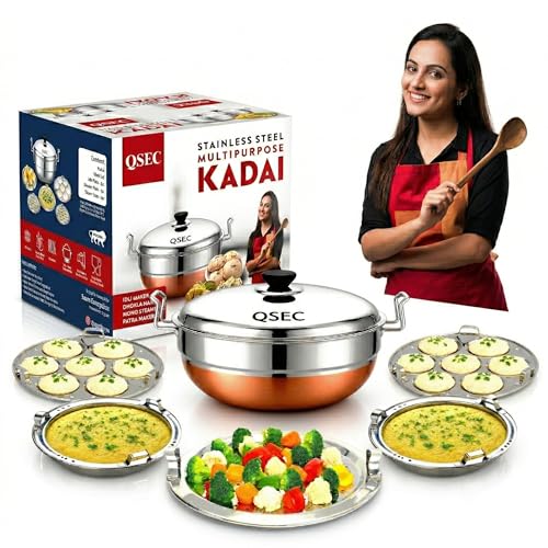 QSEC Stainless Steel Multi Kadai Idli Cooker with Copper Bottom - All-in-One Big Size Dhokla Cooker | 2 Dhokla | Momo Steamer - 285MM 100% Non-Toxic Material - Image 1