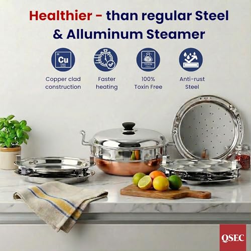 QSEC Stainless Steel Multi Kadai Idli Cooker with Copper Bottom - All-in-One Big Size Dhokla Cooker | 2 Dhokla | Momo Steamer - 285MM 100% Non-Toxic Material - Image 3