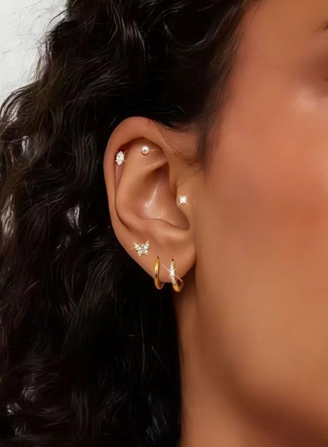Tornito Gold Flat Back Earrings for Women Stainless Steel Huggie Hoop Earrings CZ Butterfly Bowknot Pearl Flower Moon Star Heart Cartilage Earring Stacks Small Stud Hoop Piercing Set Hypoallergenic - Image 4