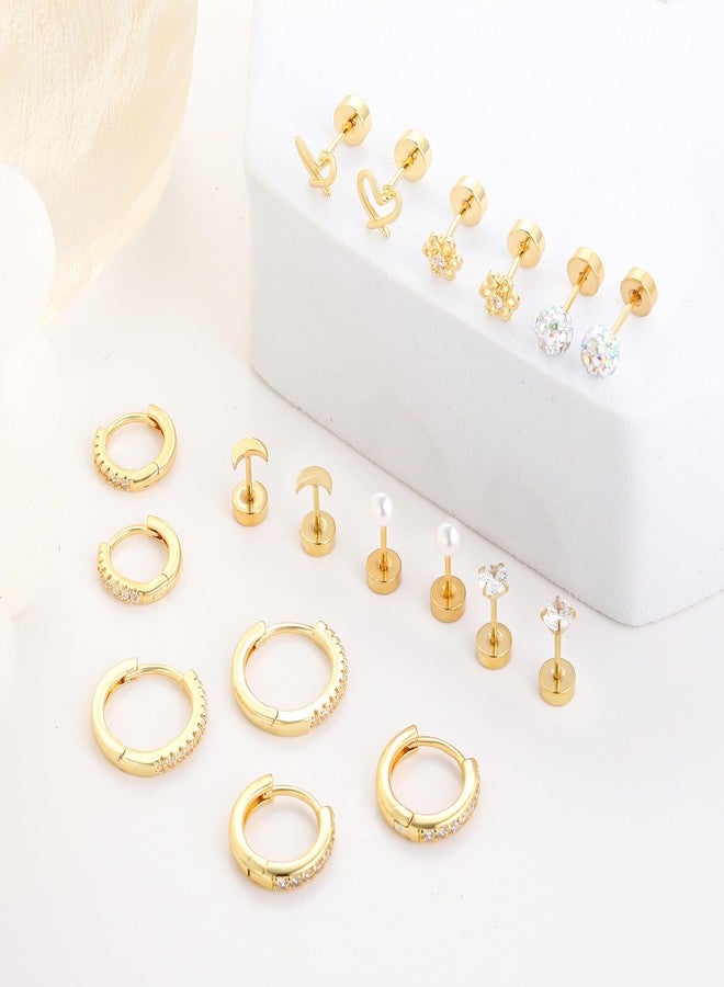 Tornito Gold Flat Back Earrings for Women Stainless Steel Huggie Hoop Earrings CZ Butterfly Bowknot Pearl Flower Moon Star Heart Cartilage Earring Stacks Small Stud Hoop Piercing Set Hypoallergenic - Image 5