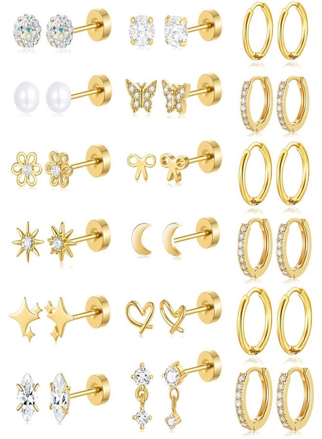 Tornito Gold Flat Back Earrings for Women Stainless Steel Huggie Hoop Earrings CZ Butterfly Bowknot Pearl Flower Moon Star Heart Cartilage Earring Stacks Small Stud Hoop Piercing Set Hypoallergenic - Image 1