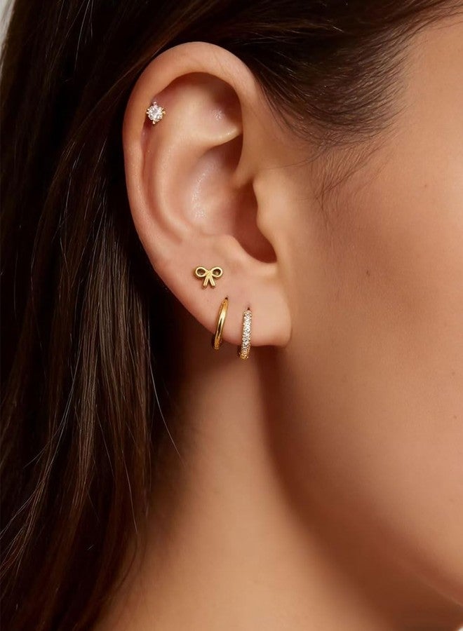 Tornito Gold Flat Back Earrings for Women Stainless Steel Huggie Hoop Earrings CZ Butterfly Bowknot Pearl Flower Moon Star Heart Cartilage Earring Stacks Small Stud Hoop Piercing Set Hypoallergenic - Image 3