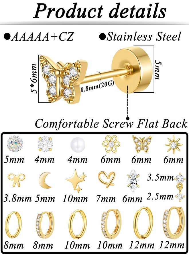 Tornito Gold Flat Back Earrings for Women Stainless Steel Huggie Hoop Earrings CZ Butterfly Bowknot Pearl Flower Moon Star Heart Cartilage Earring Stacks Small Stud Hoop Piercing Set Hypoallergenic - Image 2