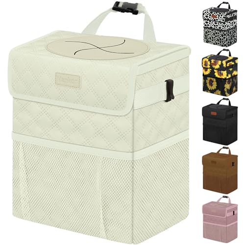Vankor White Car Trash Can Cute, White Car Accessories for Women Waterproof Automotive Garbage Cans Leak Proof Vehicle Trash Can Diamond Pattern-Beige - Image 1