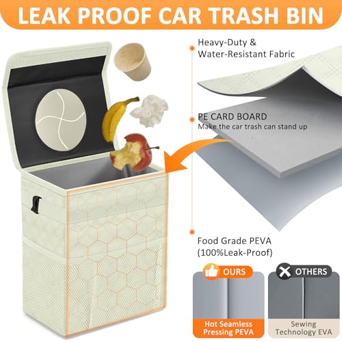 Vankor White Car Trash Can Cute, White Car Accessories for Women Waterproof Automotive Garbage Cans Leak Proof Vehicle Trash Can Diamond Pattern-Beige - Image 3