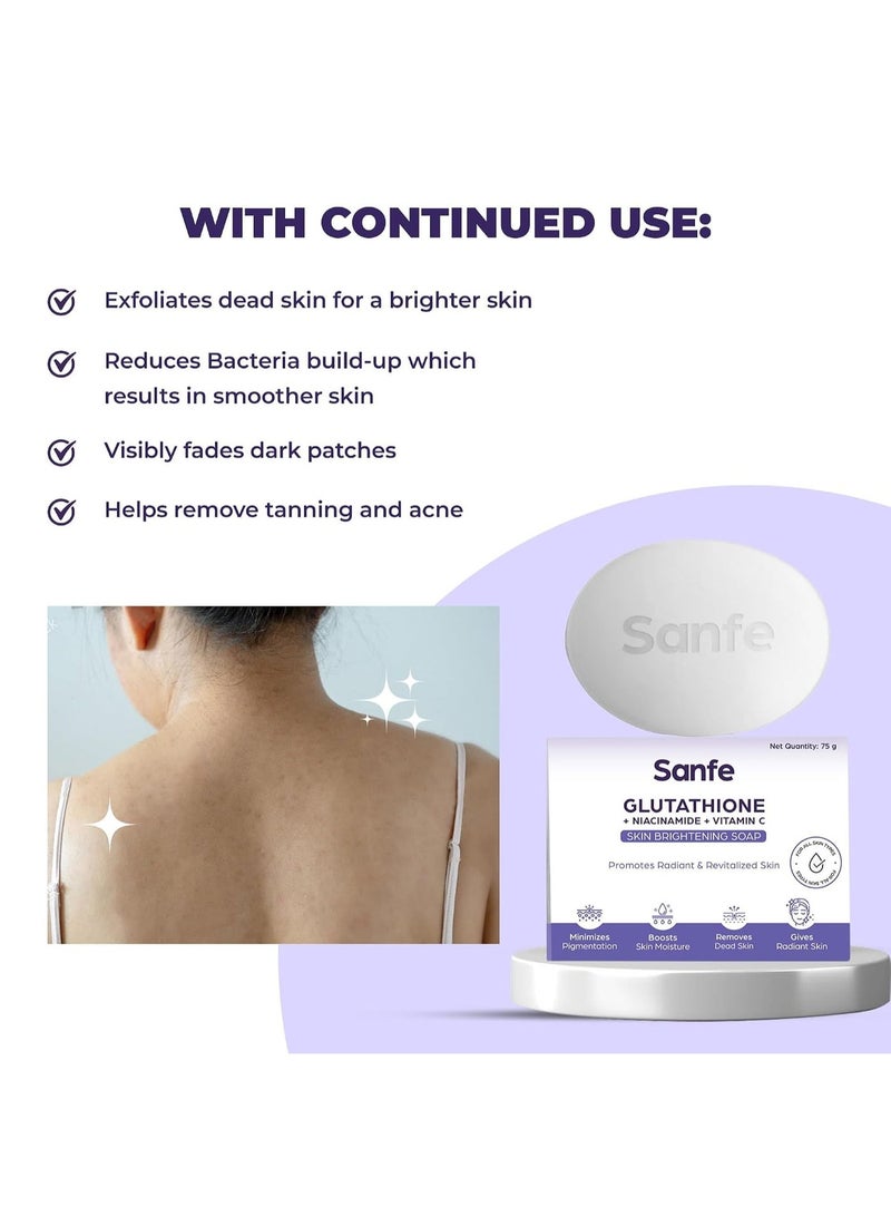 Sanfe Glutathione Niacinamide Vitamin C Brightening Soap | Hydrating, Minimizes pigmentation, Removes Dead Skin | Skin whitening soap for women and men | Tan Removal Hyperpigmentation & Glow 75gm (Pack of 3) - Image 3