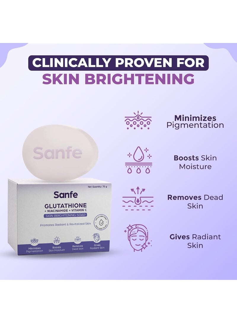 Sanfe Glutathione Niacinamide Vitamin C Brightening Soap | Hydrating, Minimizes pigmentation, Removes Dead Skin | Skin whitening soap for women and men | Tan Removal Hyperpigmentation & Glow 75gm (Pack of 3) - Image 5