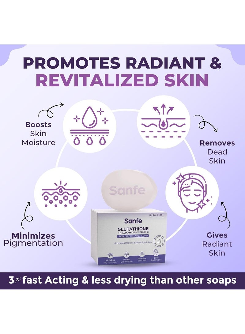 Sanfe Glutathione Niacinamide Vitamin C Brightening Soap | Hydrating, Minimizes pigmentation, Removes Dead Skin | Skin whitening soap for women and men | Tan Removal Hyperpigmentation & Glow 75gm (Pack of 3) - Image 2