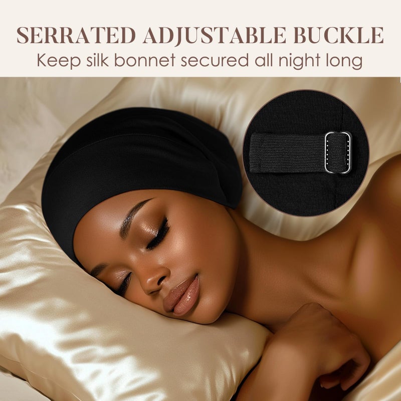 LULUSILK 100% Mulberry Silk Bonnet for Sleeping Women and Men, No More Frizzy Tangled Hair, Real Silk Sleep Cap for Curly Hair, Black, Pack of 1 - Image 4