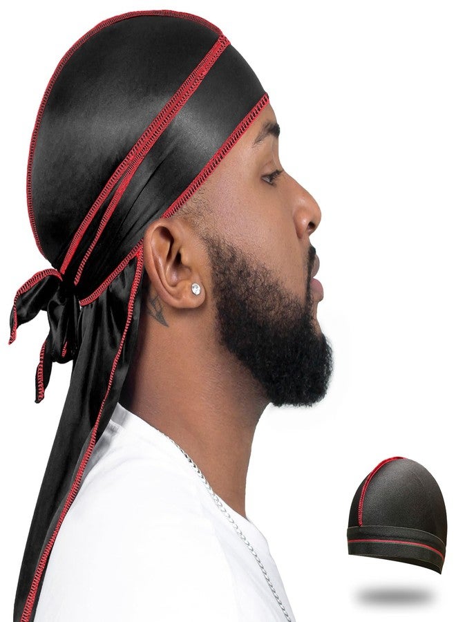 ForceWave Silky Durag for Men Wave Cap Satin Dorag for Men Women 360 Wave (Black with Red Seam) - Image 1
