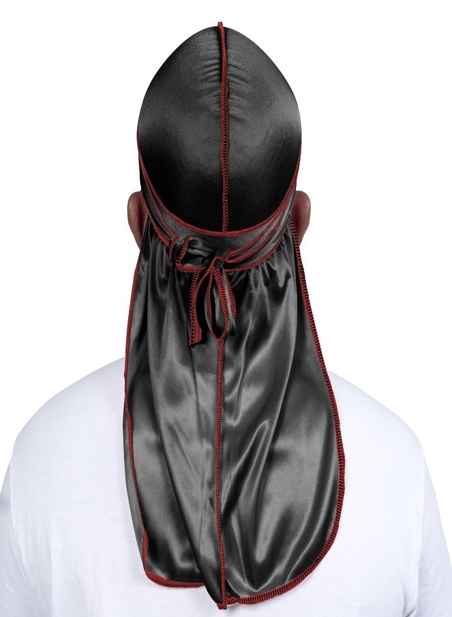 ForceWave Silky Durag for Men Wave Cap Satin Dorag for Men Women 360 Wave (Black with Red Seam) - Image 3