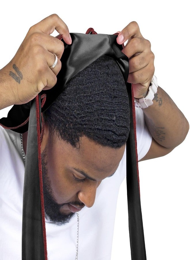 ForceWave Silky Durag for Men Wave Cap Satin Dorag for Men Women 360 Wave (Black with Red Seam) - Image 4