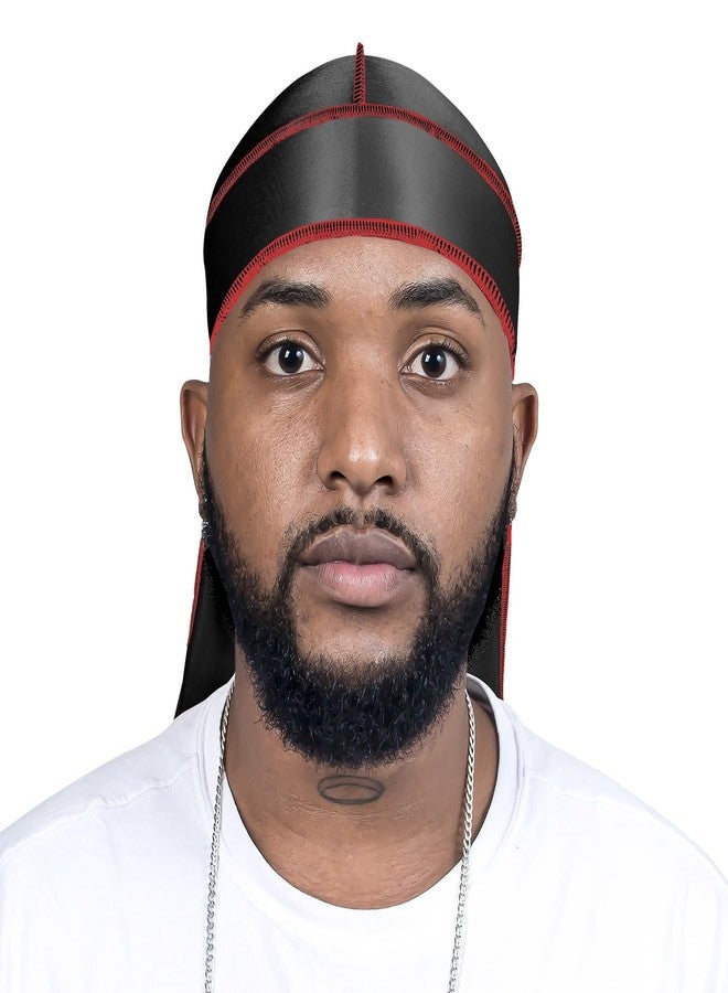 ForceWave Silky Durag for Men Wave Cap Satin Dorag for Men Women 360 Wave (Black with Red Seam) - Image 2